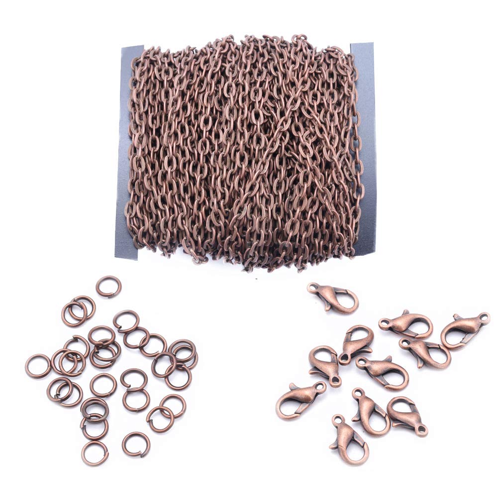 39 Feet Plated Round Cable Link Chain Necklace with 30pcs Lobster Clasps and 100pcs Open Jump Ring for DIY Making Bracelet Necklace Jewelry Accessories (Red Copper