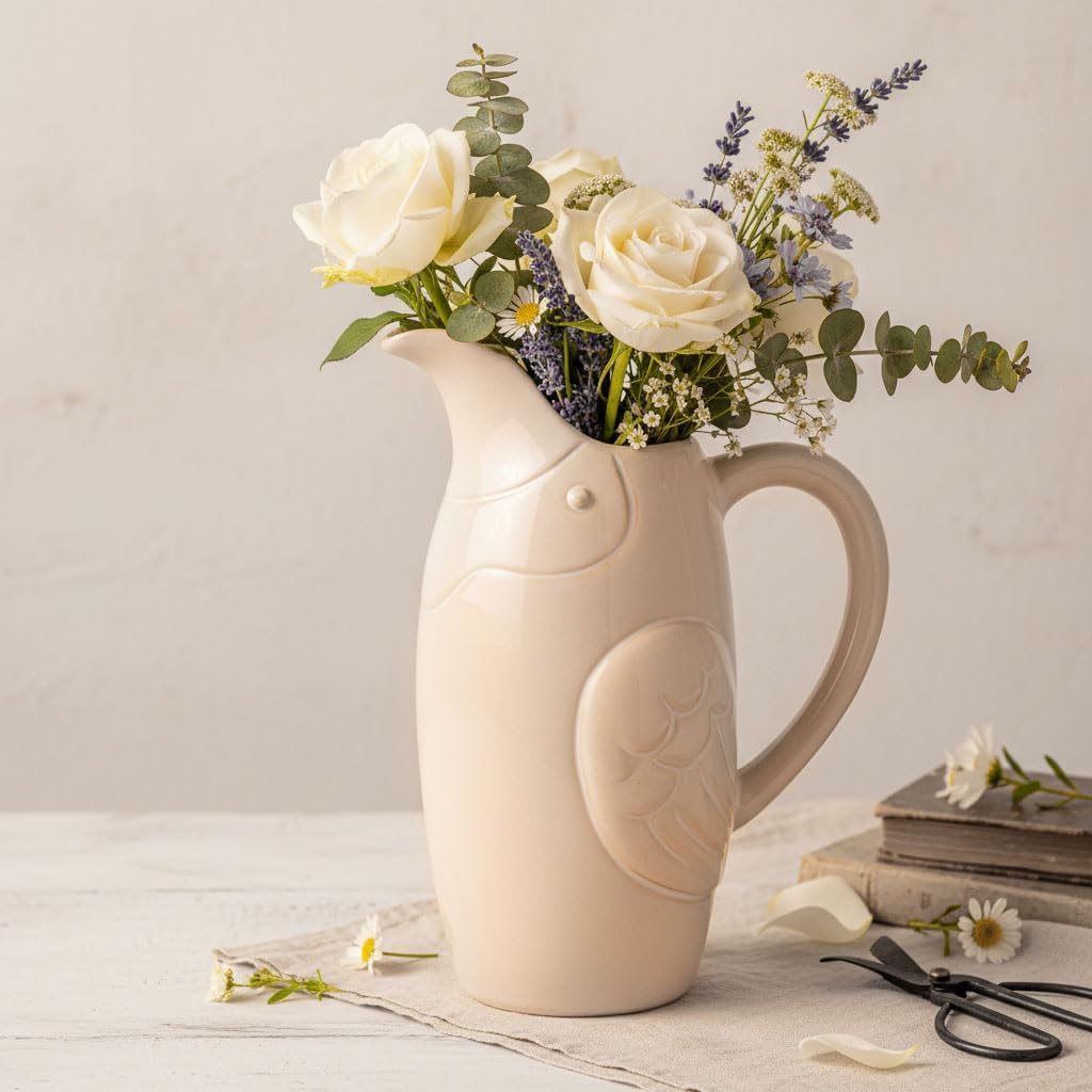 hjn Farmhouse Pitcher Vase for Flowers- White Ceramic Pitcher for Decor White Vase for Your Kitchen/Home Decor/Office/Living Room/Bookshelf/Mantel/-Bird Texture
