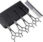 Dream Reach Kit ciseaux pour chiens & Chats, 7 En_% Professionnel 4pc Ensemble: Courbé, Finissant, Fumé & Châssis, Ambidextre, Noir, Acier inoxydable