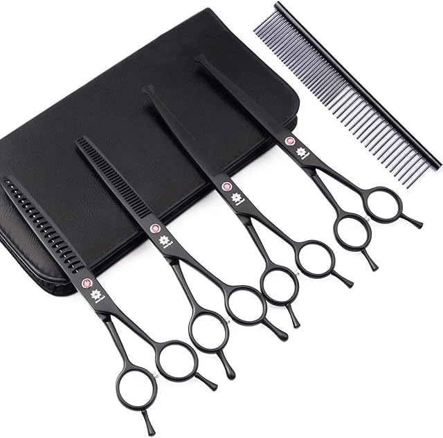 Dream Reach Professional 7.0 Inches Dog Grooming Scissors Kit Cutting Curved Scissors Thinning Shears Grooming Comb Pet Hair Trimming Scissors Set for Dogs and Cats (4-set Blunt Tip)