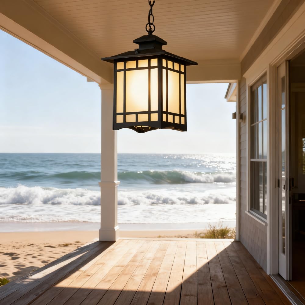 LYMSXAZOU Vintage Outdoor Pendant Light - Waterproof Frosted Acrylic Ceiling Fixture for Patios Porches Gardens Backyards Farmhouse & Country Decor (DD-E)