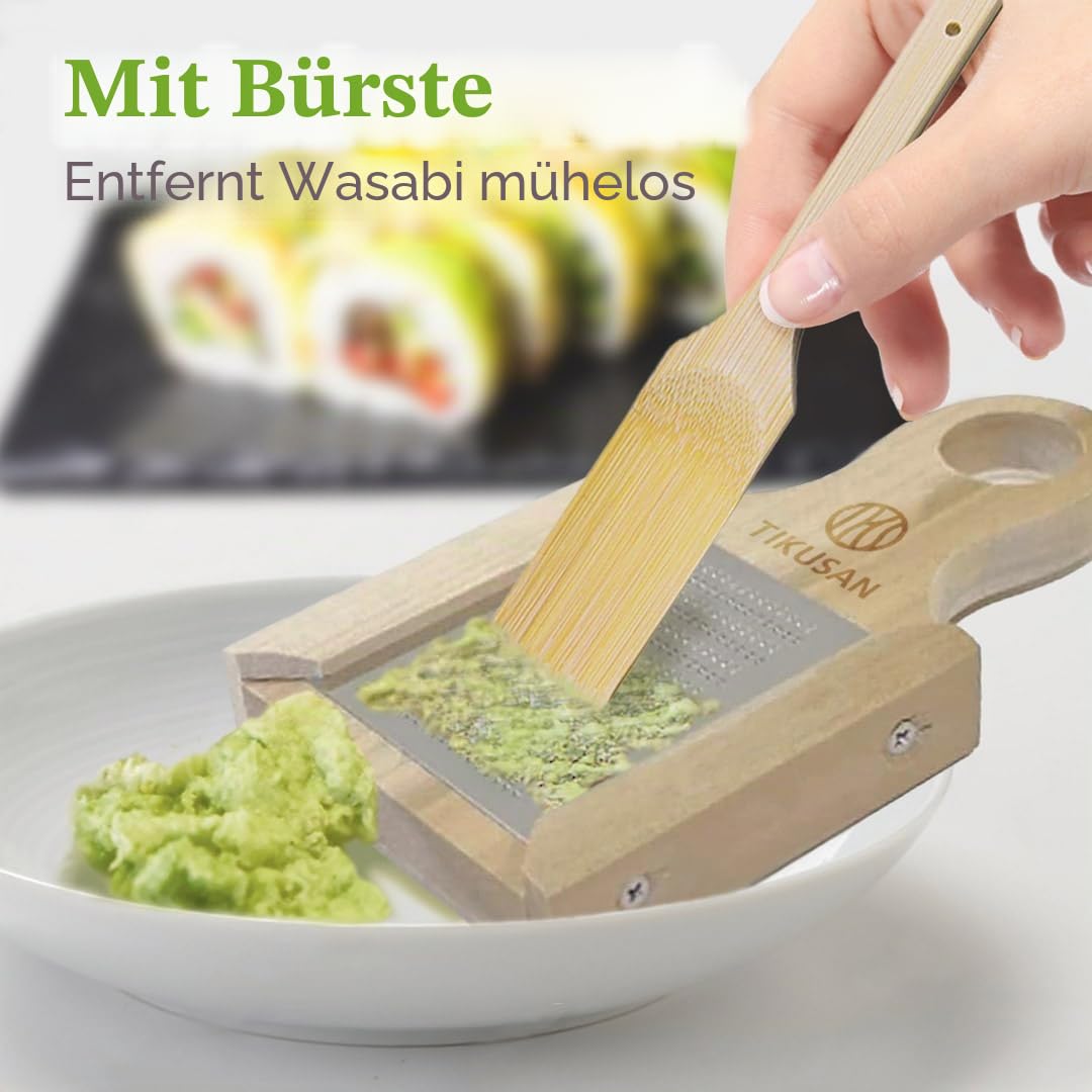 TIKUSAN Japanische Wasabi-Reibe aus Holz (Wasabi Oroshi) für Ingwer und Knoblauch mit Bambusbürste, hergestellt in Japan