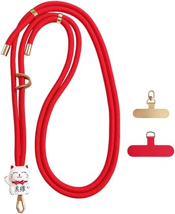 Phone lanyard, phone lanyard with a Maneki-neko charm, phone crossbody strap