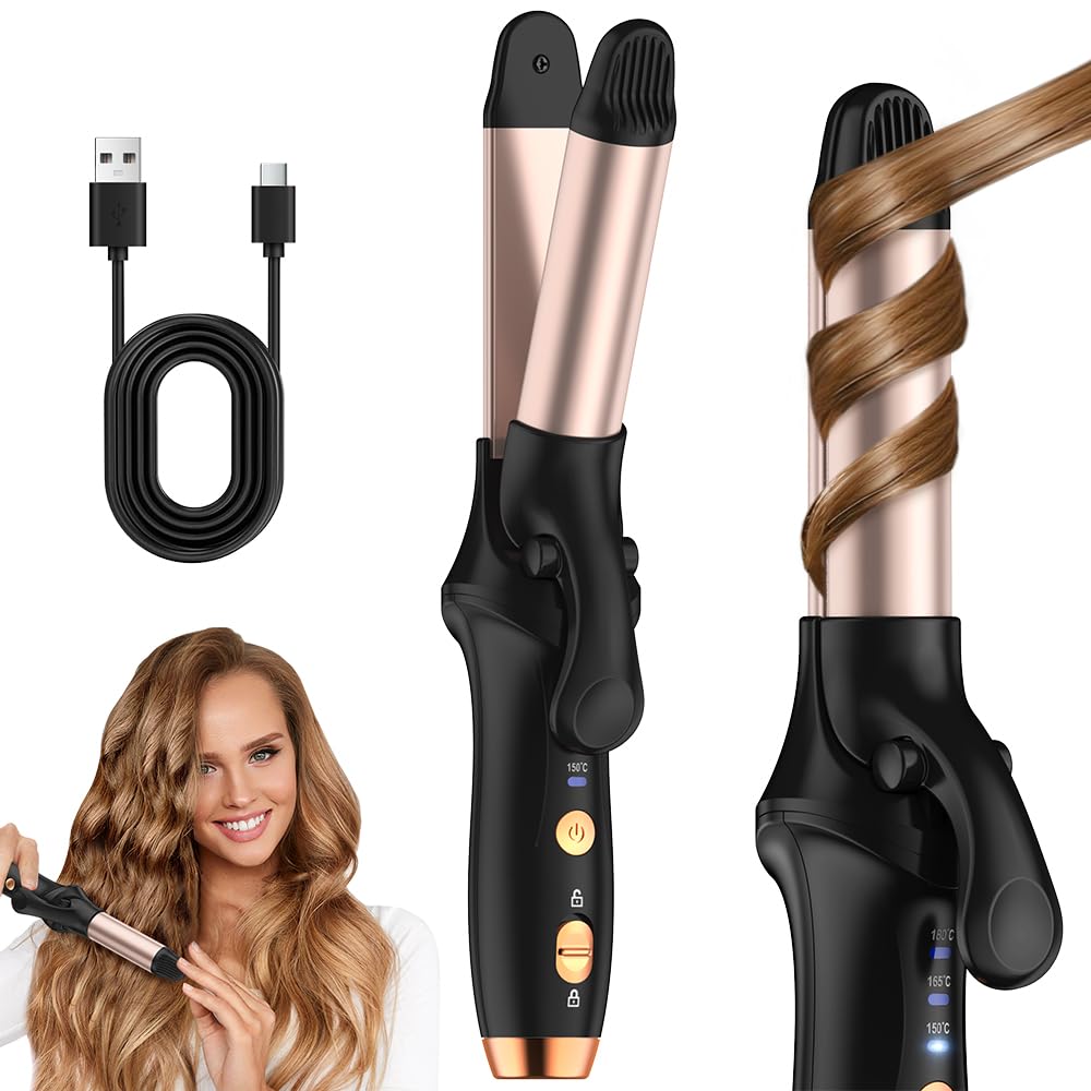 HCRTGAY Curling Iron,Cordless Rechargeable Curling Iron,Cordless Hair Curler(3 Gear),Travel Mini Flat Iron 4000 mAh,Battery Straightener and Curler 2 in 1 for Long Short Hair(Rose Gold & Black)