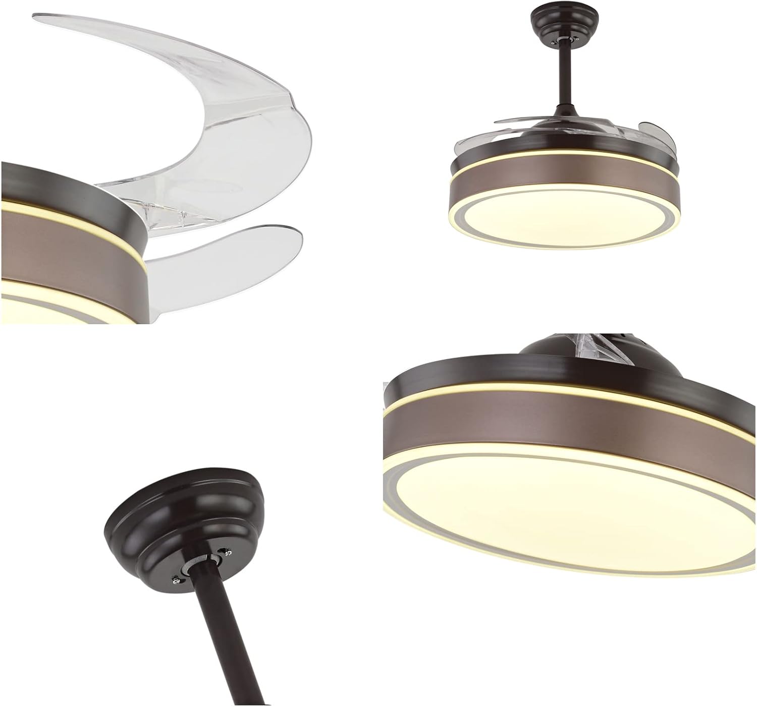 🛒 Flash Sale 42 Modern Ceiling Fan 4 Invisible Retractable Blades Ceiling Fan with Lights and Remote 3 Colors 3 Speed Chandelier Fan for Bedroom Dinning Room Living Room, Transparent Blades (Style 1)