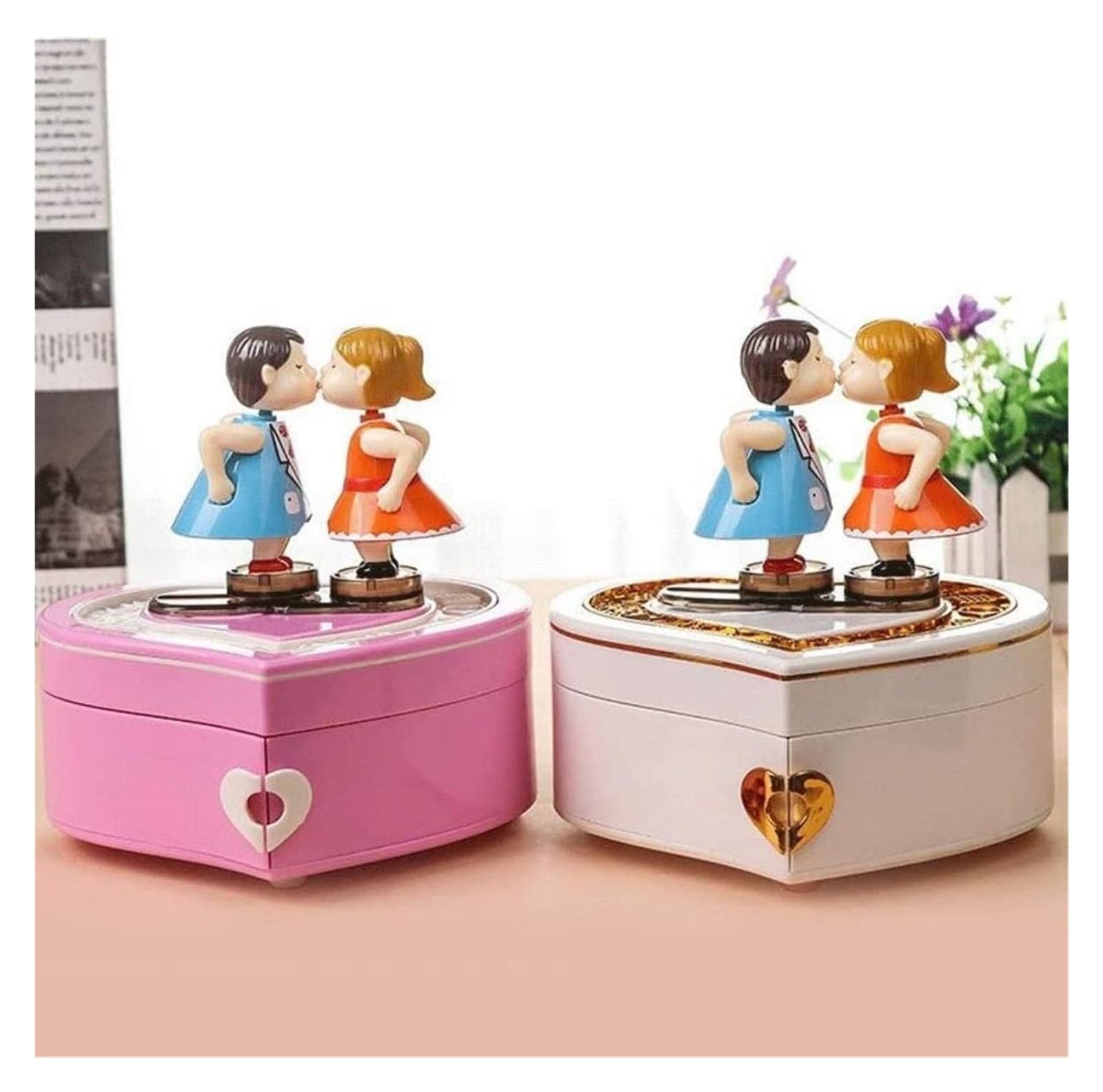 Caja de música Caja de música Caja Musical en Forma de corazón con Pareja besándose Bailarina giratoria Mecanismo de Doble Capa(Pink)