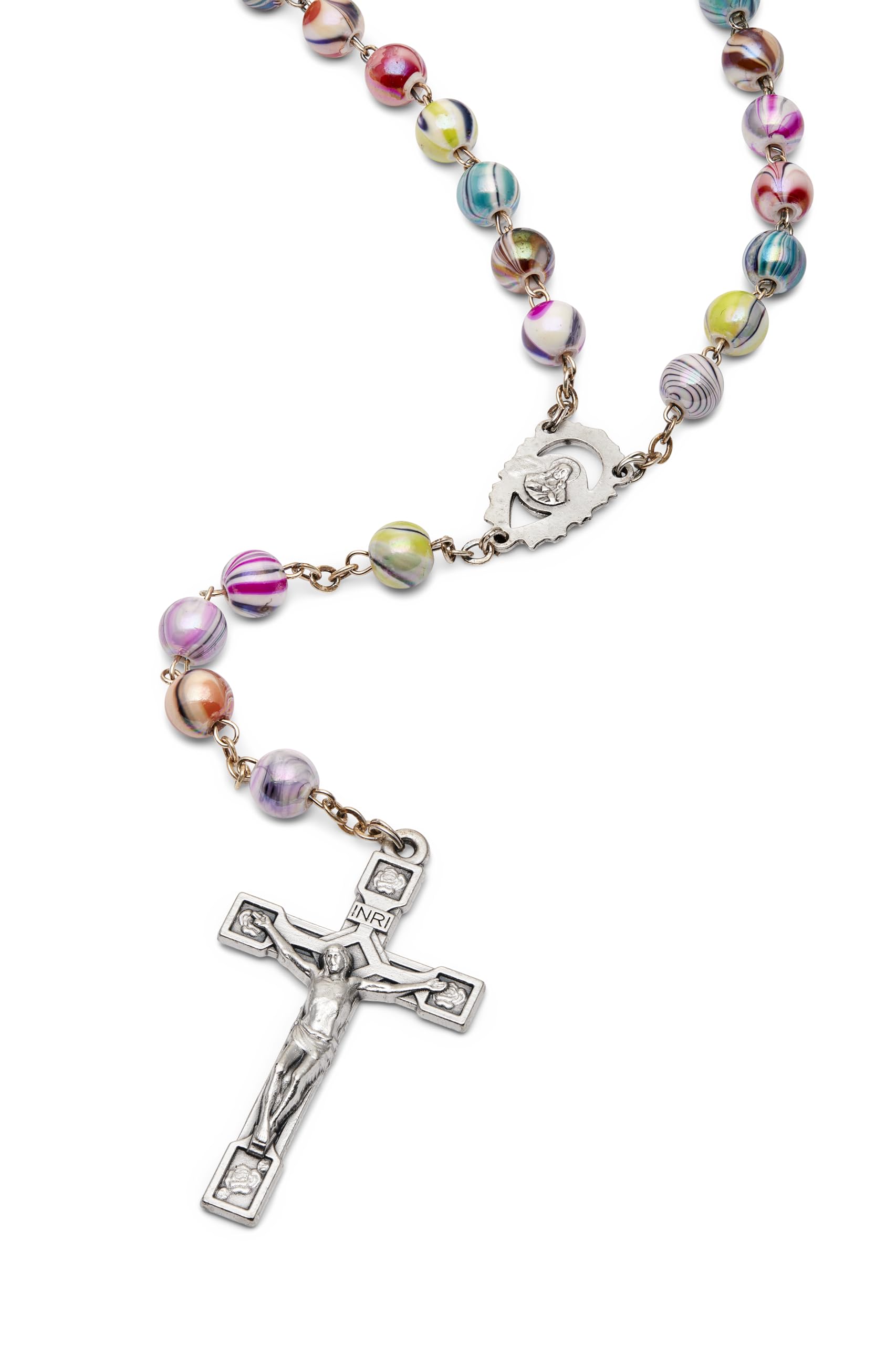 Mehrfarbiger katholischer Rosenkranz in 0,8 cm großen Arlecchino-Perlen mit dekoriertem Mittelstück "Our Lady of Sorrow", Glas, Zinn, ohne Edelstein, Perle, Kein Edelstein