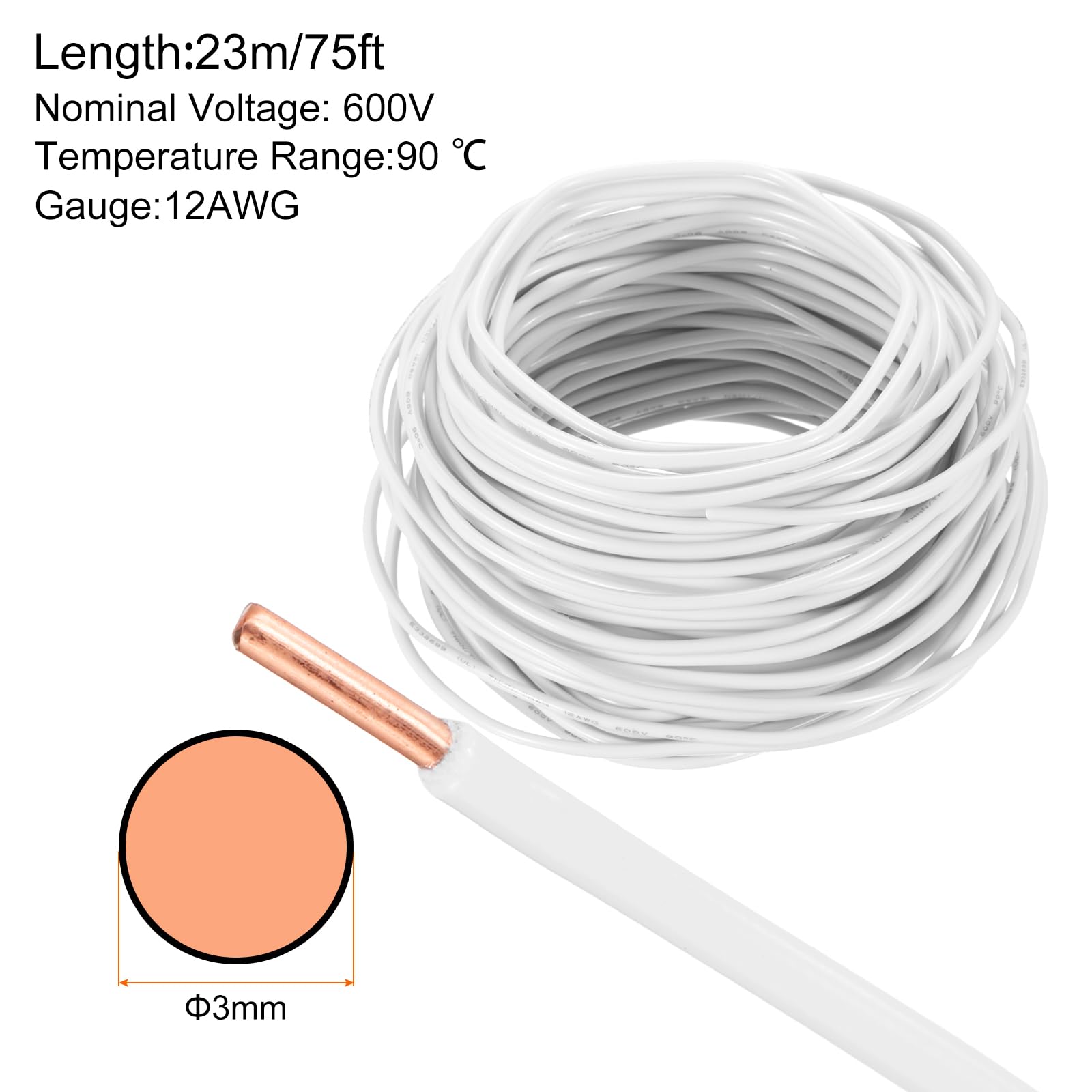 QUARKZMAN Cable Eléctrico Aislado De Cobre Sólido 75 Pies 12 AWG Cable De Conexión THHN Cable Residencial Industrial Para Puesta A Tierra Clasificado Para 600 Voltios Listado UL Blanco
