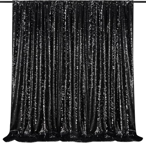 Image of Black Sequin Backdrop Curtain Drapes Wall Backdrop Party Decorations 8x8FT | Twilight Sparkle Glitter Fabric for Photography Background /Wedding /Baby Shower /Pincess Happy Birthday /Theme Party