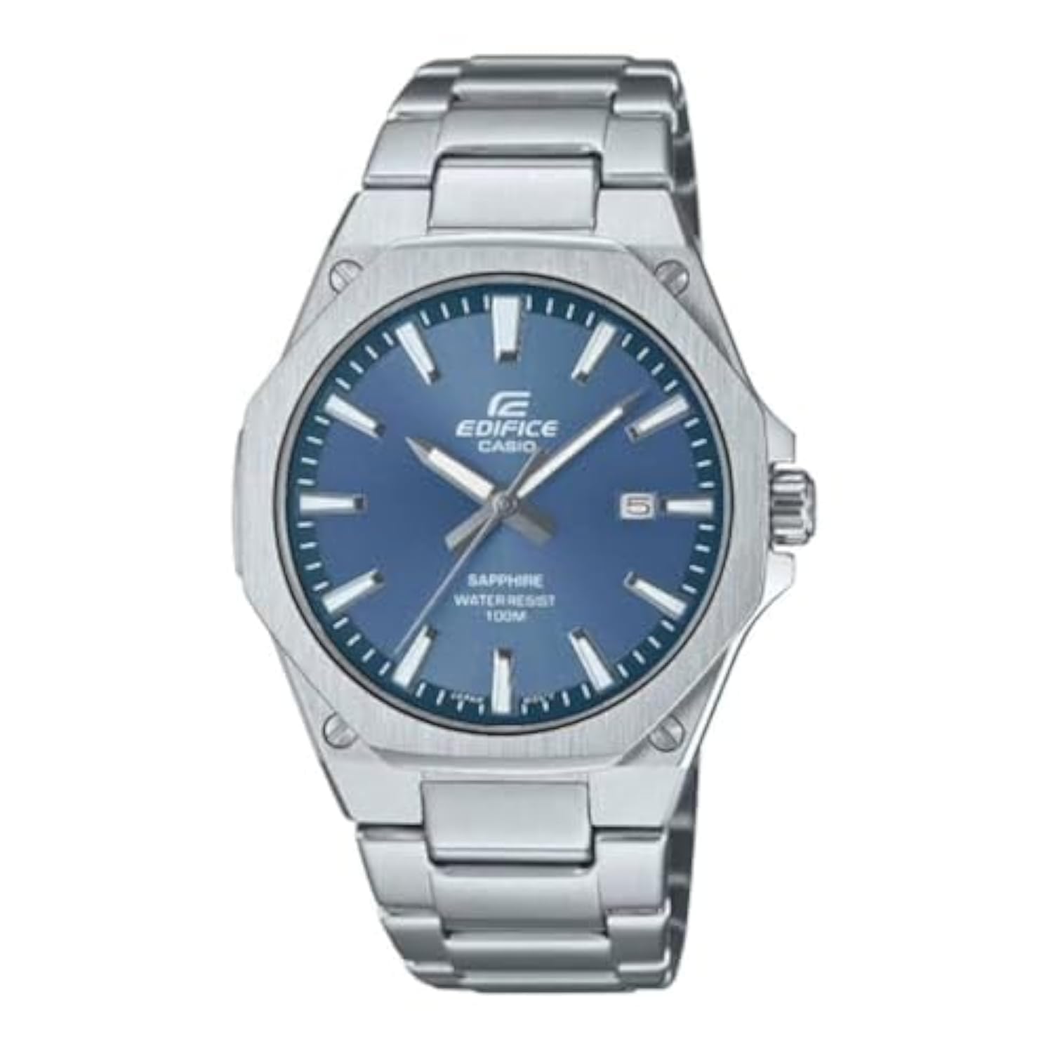 Casio Edifice EFR-S108D-2AVUDF Blue Analog Dial Silver Stainless Steel Band Men's Watch Slim Case Sapphire Glass ED602, Silver, Classic