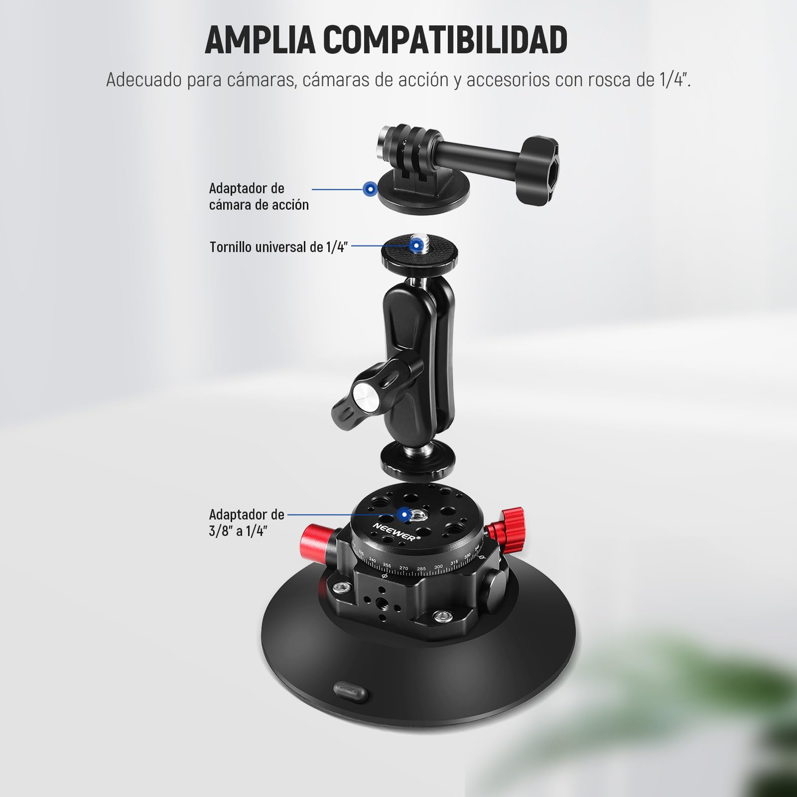 NEEWER 6"/15.2cm Soporte Ventosa Cámara con Brazo Mágico Cabezal Esférico, Metal Suction Cup Mount Parabrisas Coche, Ideal para Action Camera/Phone Holder con 1/4" & 3/8" Orificios para ARRI
