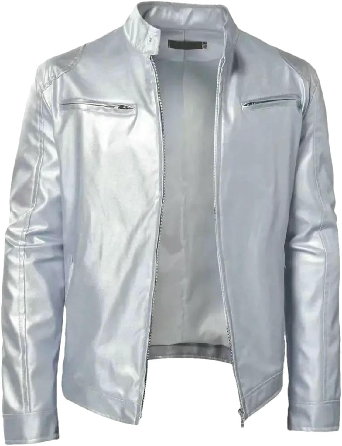 Men's Spring Autumn Faux Leather Jacket Biker Motorcycle PU Coat Slim Stand Collar Zipper Pockets Casual Outerwear