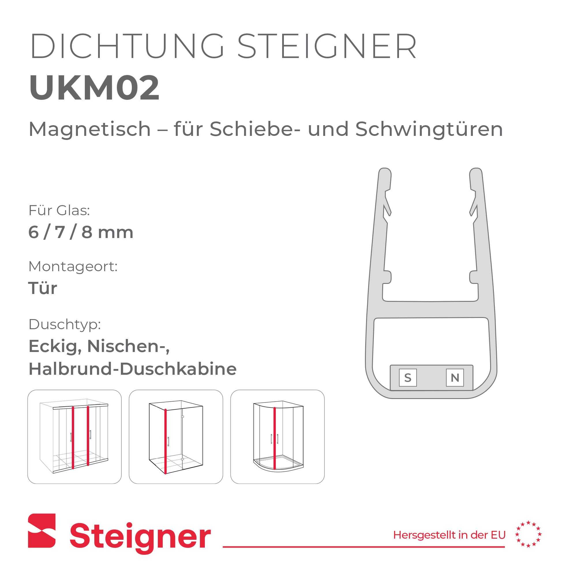 STEIGNER Magnetduschdichtungen UKM02 187 cm (2 Stk.) - Set 180°-Duschdichtungen für Eck-, Fünfeck-, Rund-, Nischen- oder Viertelkreisdusche mit Duschtür 6-8 mm - Perfekte Passform, Ästhetisches Finish