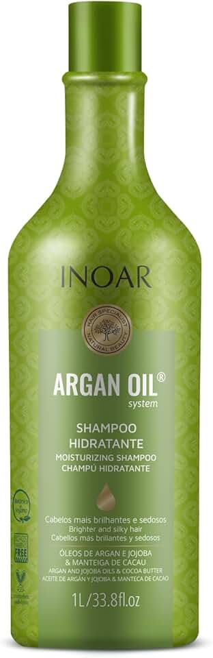 Inoar, Shampoo Argan Oil – Hidratação Profunda, Brilho Intenso e Ação Antifrizz para Todos os Tipos de Cabelo, Vegano e Botânico - 1L