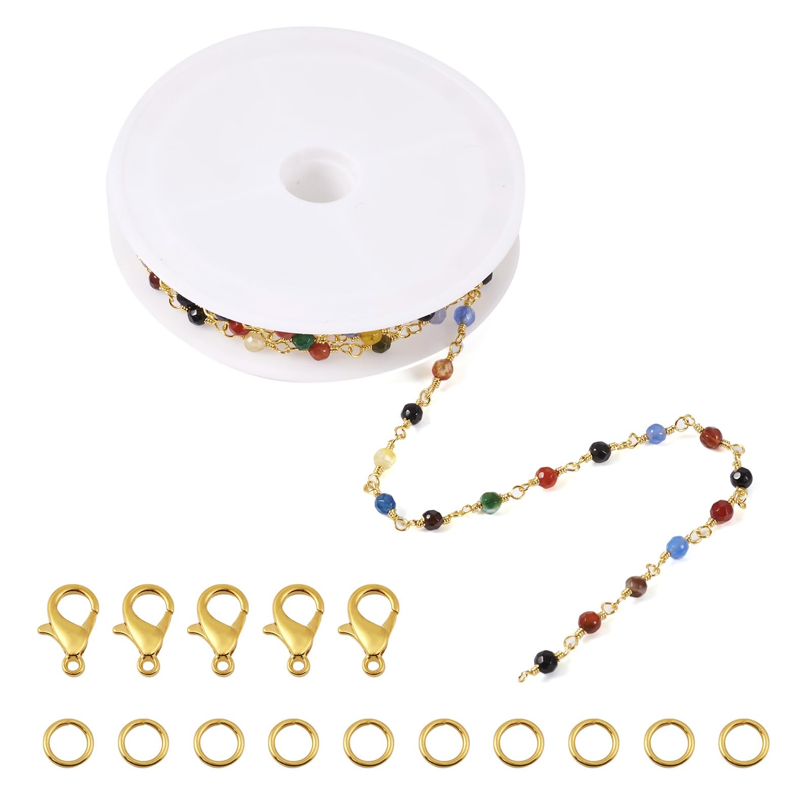 FASHEWELRY 1M Natural Agate Stone Beaded Chains DIY Chain Bracelet Necklace Making Kit with Lobster Clasps Jump Rings
