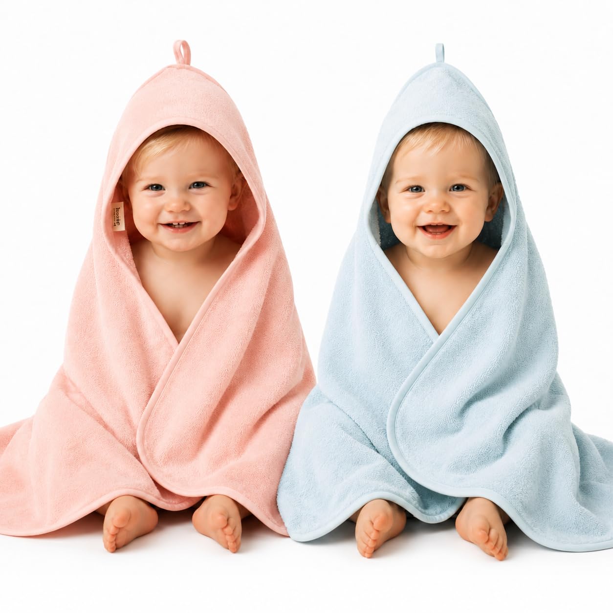 Huxie Premium Organic Cotton Baby Bath Towel – Hooded Toddler and Baby Towels for Newborn Girl and Boy – Super Soft and Absorbent - 2 Pack (Hooded Towel Blush/Baby Blue)