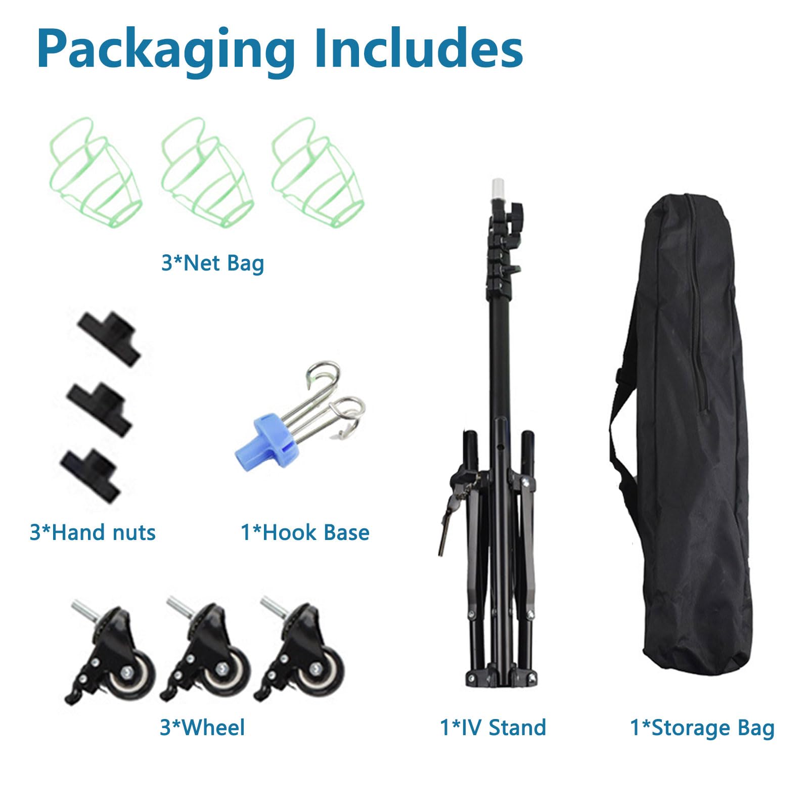 Supporto per infusione regolabile con ruote, asta pieghevole IV | Regolabile in altezza 90-190 cm, con 4 ganci, 3 tasche in rete e 1 borsa portaoggetti, supporto portatile IV per ospedale
