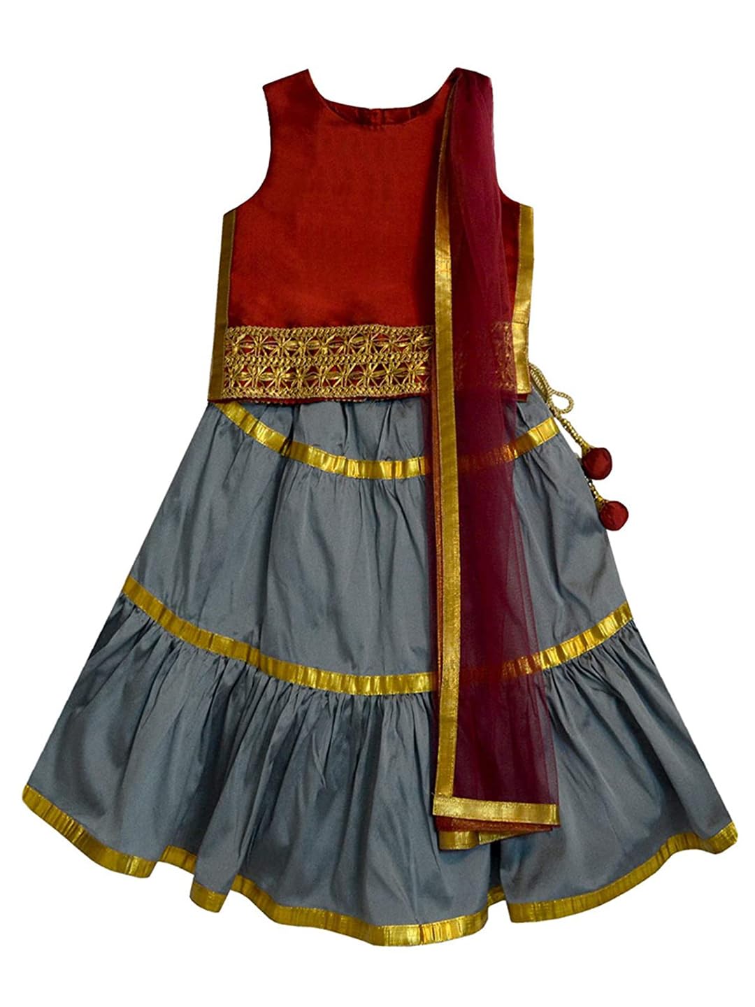 A.T.U.N Baby Girl Synthetic Readymade Ghagra Choli And Dupatta Set(Glhg Got Mag_Maroon-Grey_1-2 Years_Maroon-Grey_1-2 Years)