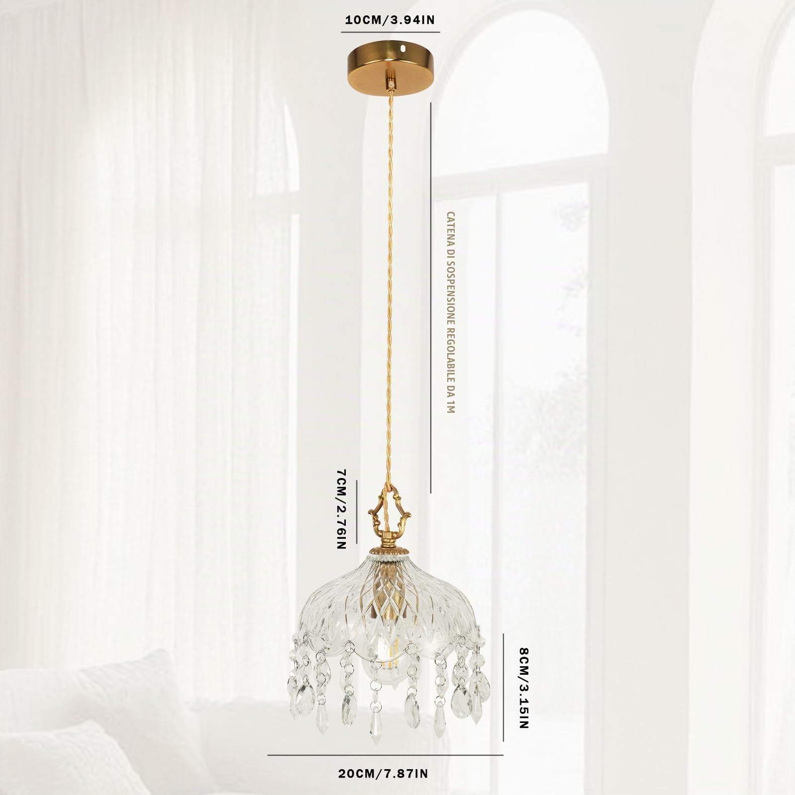 zhxinashu Lampada a Sospensione in Vetro per Camera da Letto - L | Lampada Pendente Fiore con Gocce di Cristallo, Lampadina E27 Non Inclusa, Cavo Regolabile 1M, Vintage Deco per Isola Cucina