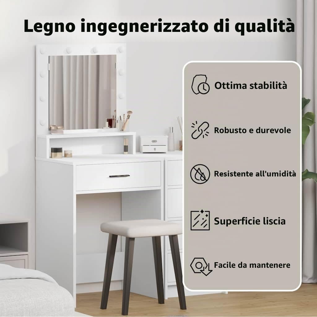 vidaXL Tavolo da Trucco Bianco 50 x 41 x 135 cm Legno multistrato, Comò Elegante per Camera, Vanity Moderna con Cassetti, Specchio LED e Organizer Compatto per Info Personali