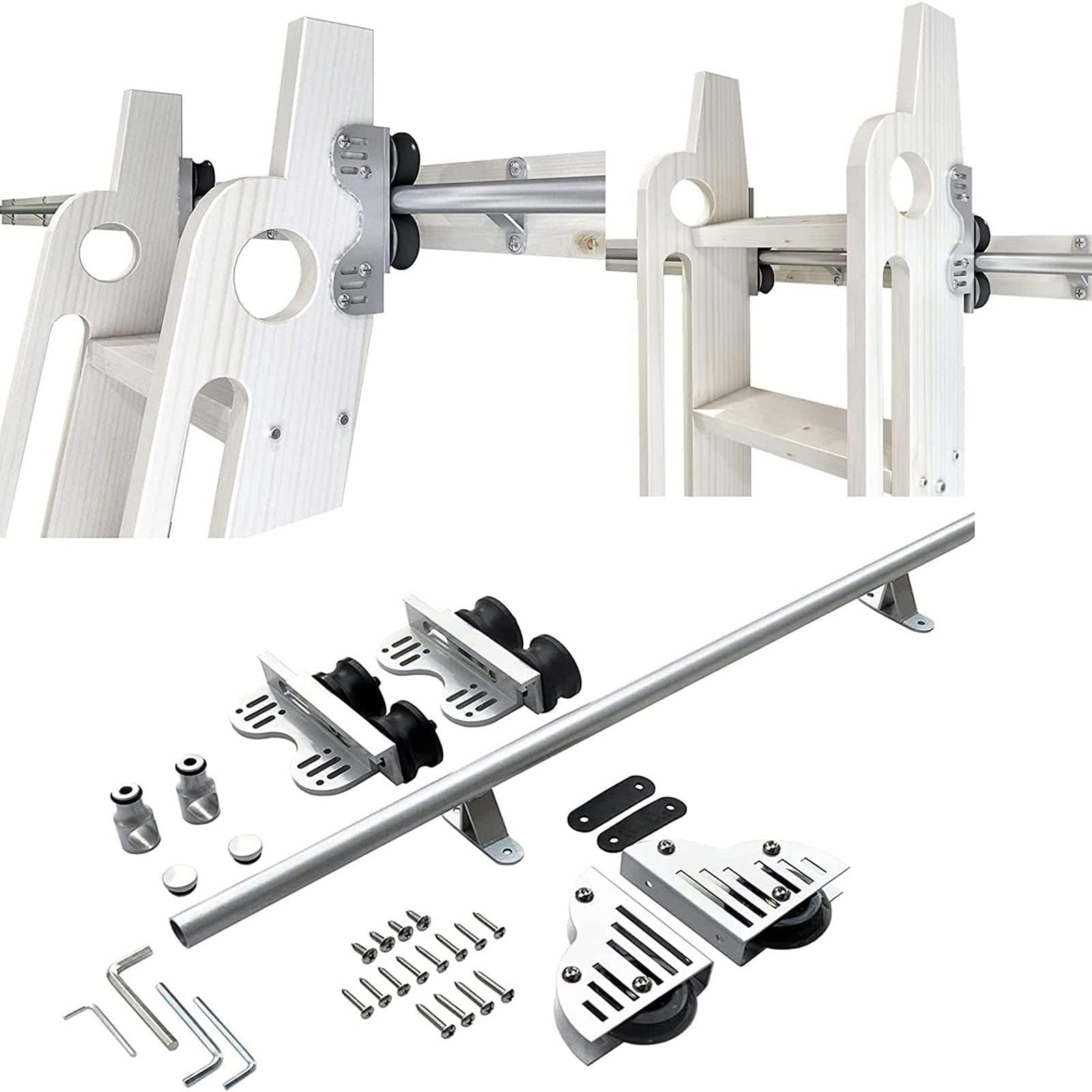 OOPDNEGAK Sliding Ladder Hardware Kit, Sliding Barn Door Kit Ladder Library Full Set Hardware Rolling Track, Stainless Steel Round Tube Mobile Rolling Track, For Home Indoor Loft(200cm(6.6 ft) track)