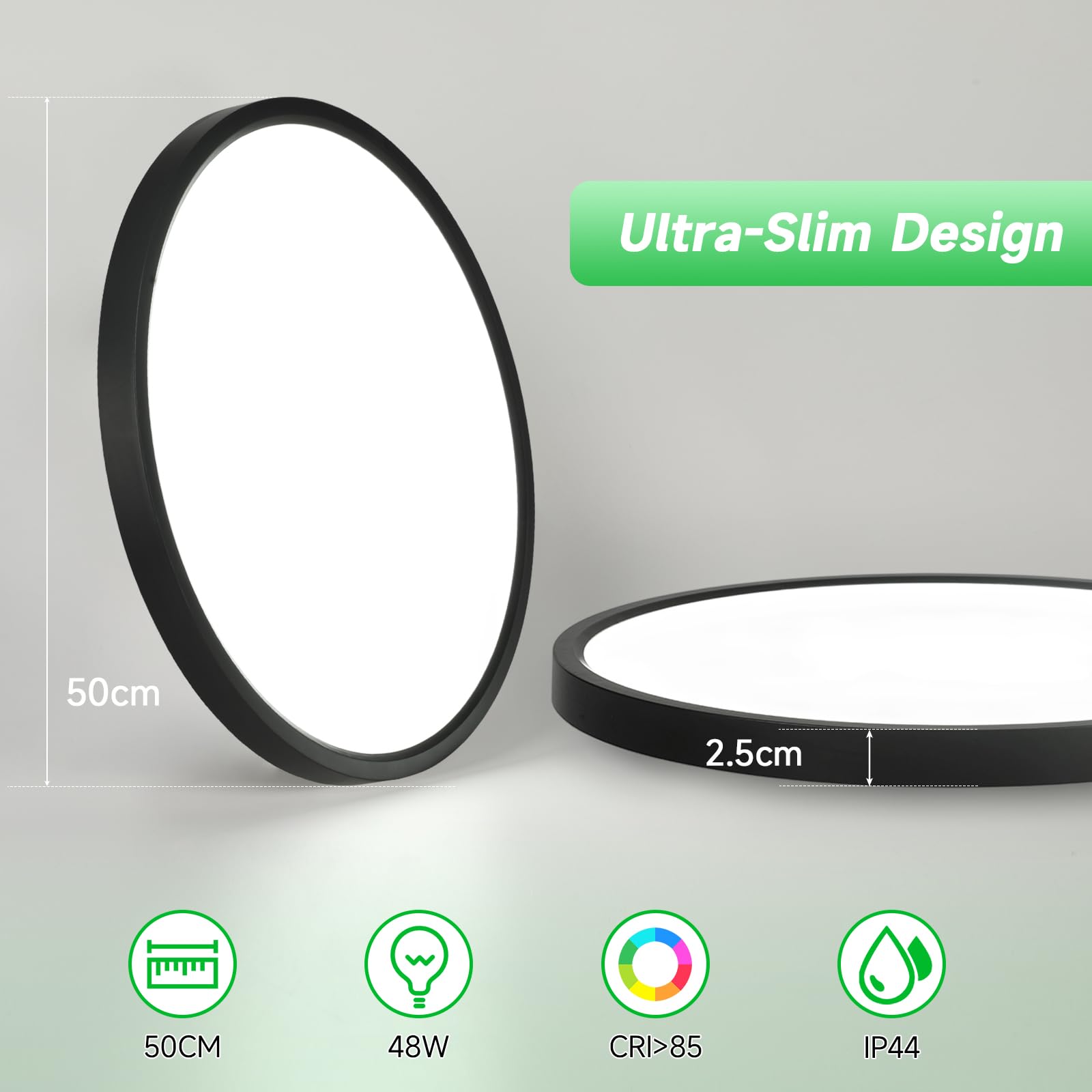 OTREN Lampa sufitowa LED do ściemniania 52 W, 5200 lm, z pilotem, trybem nocnym i funkcją pamięci, czarna 3000 K - 6500 K, wodoodporna IP44, do łazienki, kuchni i sypialni, 50 cm