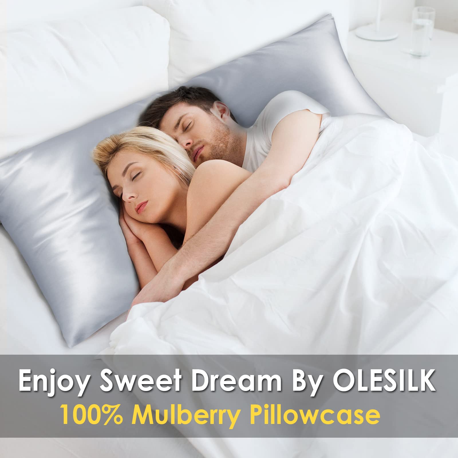 OLESILK Funda de almohada de seda para cabello y piel, 20 x 54 cm, con cremallera oculta, seda lateral para mujer, gris plateado