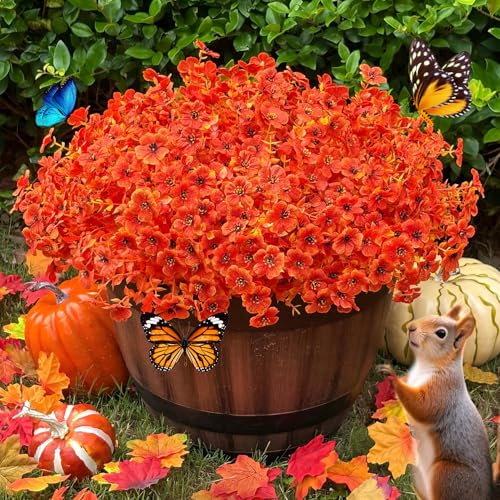 Artificial Fall Flowers Faux Mums for Outdoor Planters Orange Red 16 Bundles Silk Fake Plants UV Resistant for Outside Autumn Decorations for Porch Pot Window Boxes Front Yard Thanksgiving Home Decor