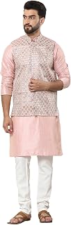 SOJANYA Men's Silk Blend Striped Pink Kurta and Cream Pyjama with Embroidered Grey Nehru Jacket Price In India