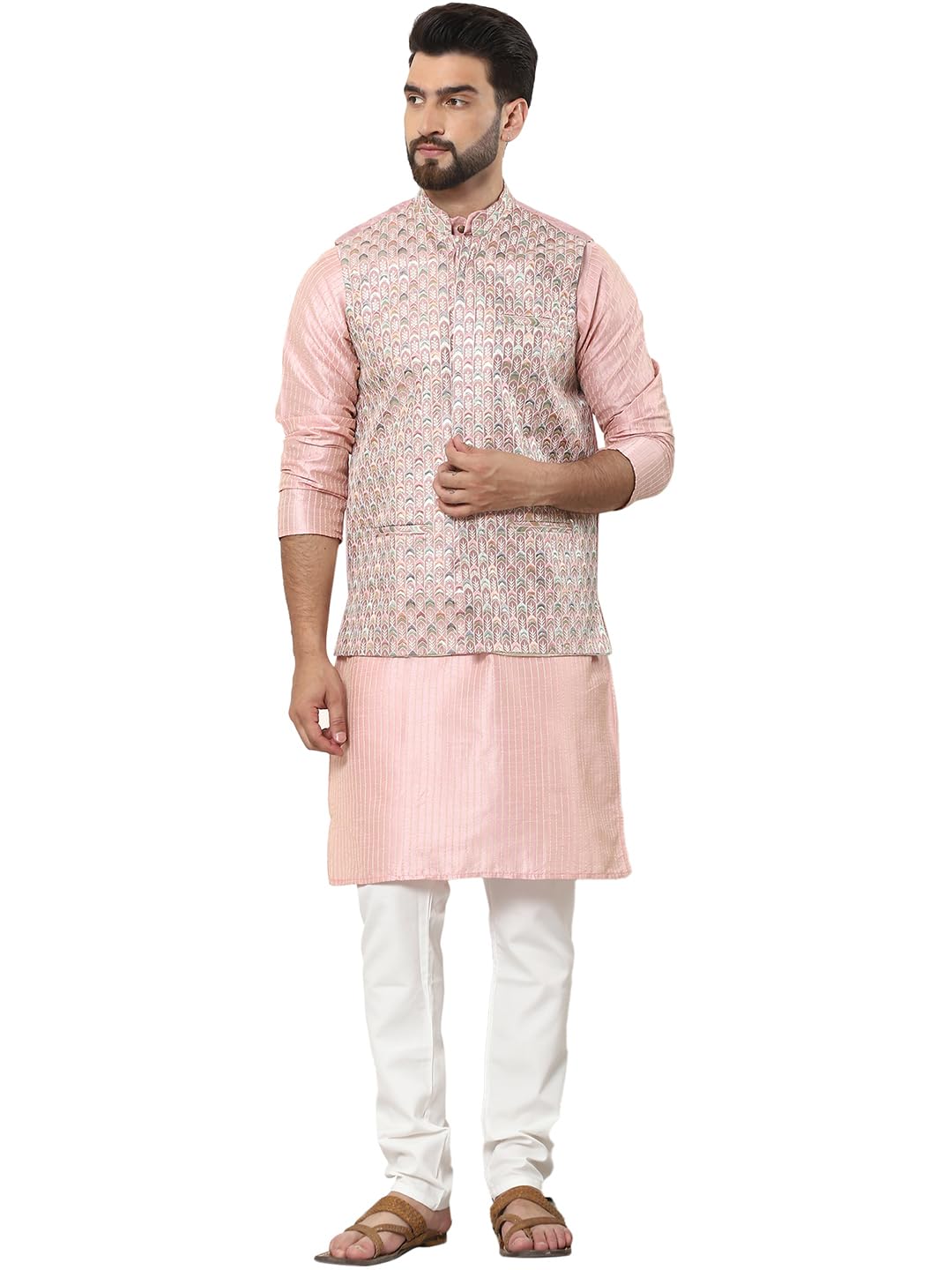 Sojanya (Since 1958 Men's Silk Blend Striped Design Pink Kurta And Cream Pyjama With Designer Pink Nehru Jacket