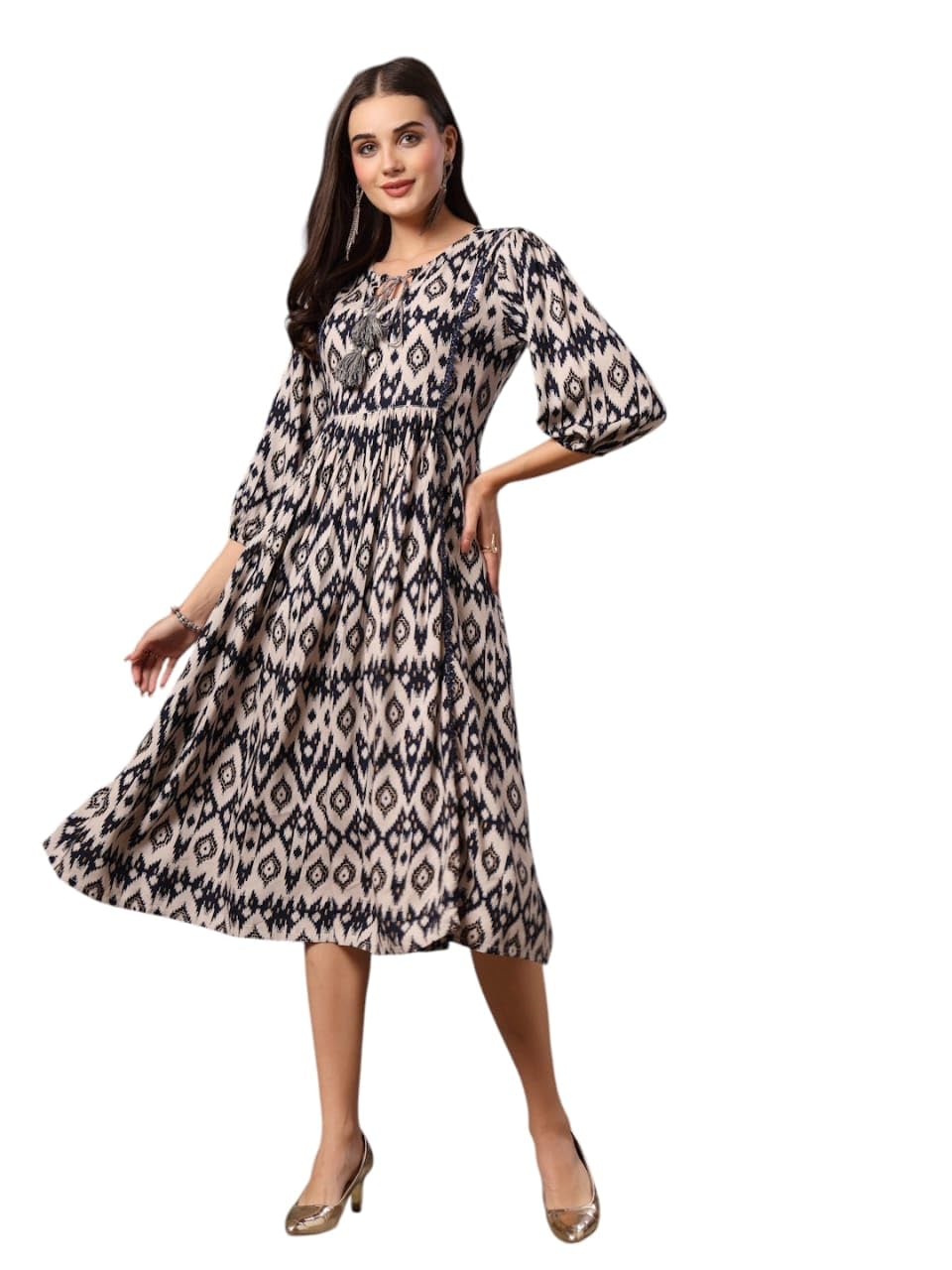 Stylum Women’s Blue Ikkat Printed Rayon Flared Dress