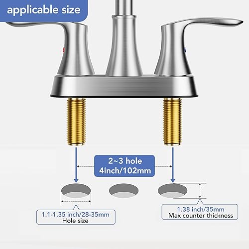 Miniatura 5 de Phiestina TY36-BN TY36-BN - Grifo de lavabo de baño de níquel cepillado de 4 pulgadas, 2 o 3 agujeros, giratorio de 2 manijas, con línea de