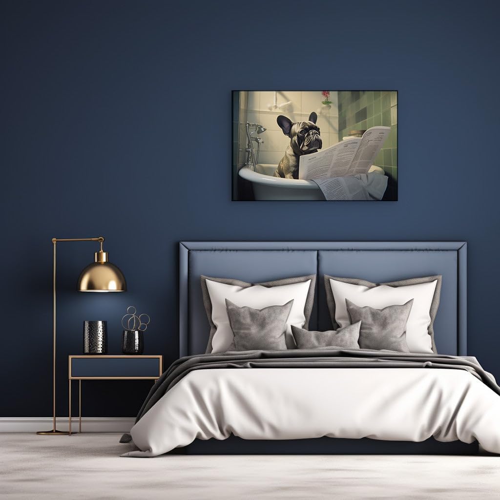 Canvas for Living room. Paws and Relaxation: A French Bulldog's Bath Time Retreat Unwinds with the Daily News, 27 x 18 inch Canvas Wall Art - Ready to Hang - 69x46 cm (27x18 inch)