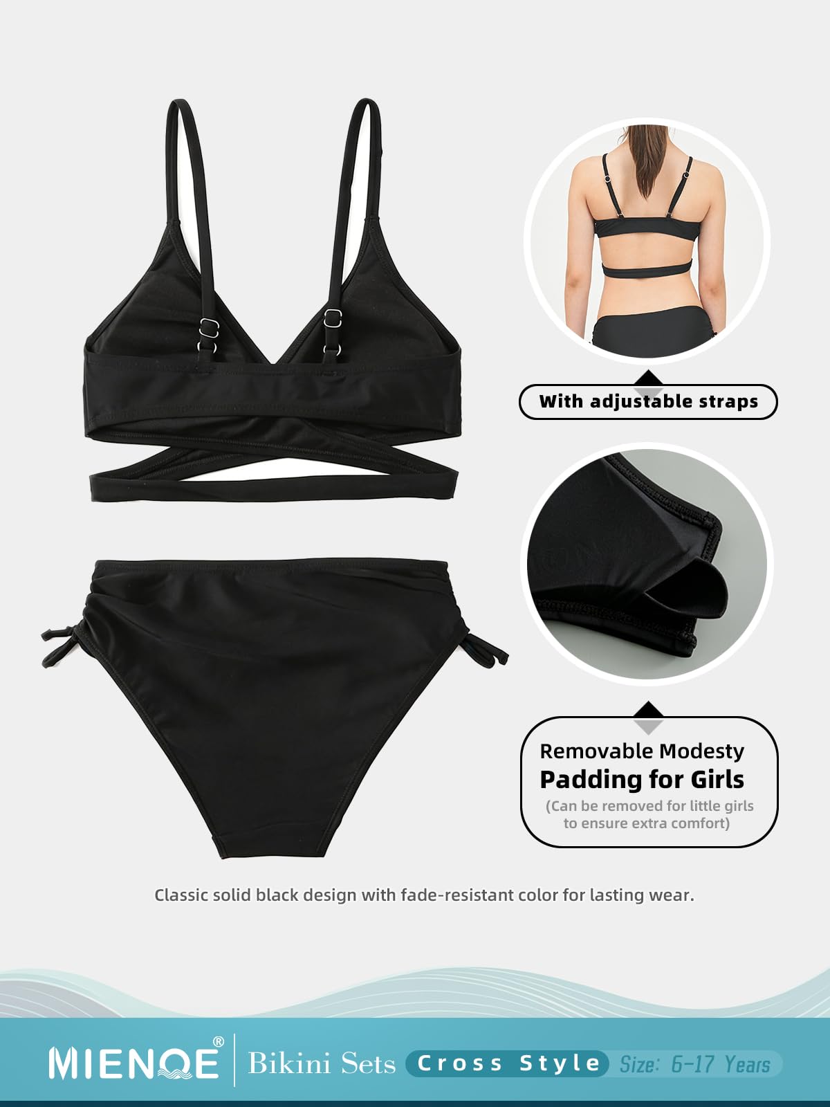Traje de baño de dos piezas para niñas adolescentes, bikini con cuello en V, tirantes ajustables, bikini para niños con almohadilla para el pecho