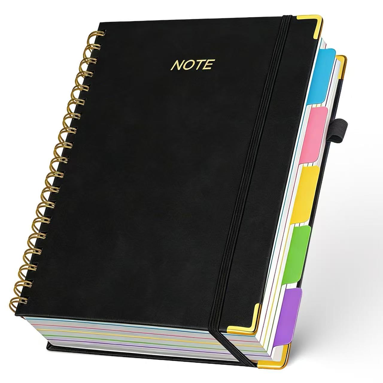 5 Subject Notebook with Removable Dividers Tabs 8.5"x11", A4 300 Pages Leather Hardcover Spiral Notebook College Ruled, Large Notebooks for Work School, Lined Journal for Women, Black