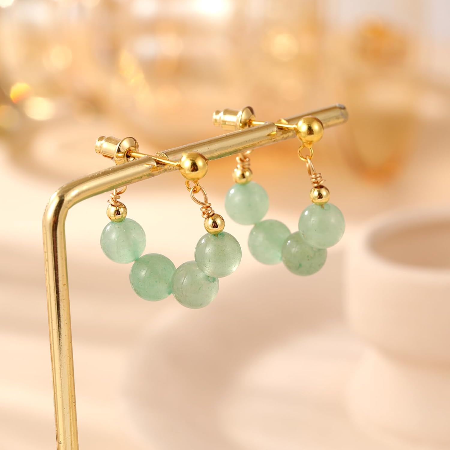 Natural Aventurine Jade Earrings, Beaded Hoop Earrings for Women Green Jade Charm Pendant Jewelry Studs, Handmade Stud Earrings for Women (Gold Plated Sterling Silver) (Aventurine jade)