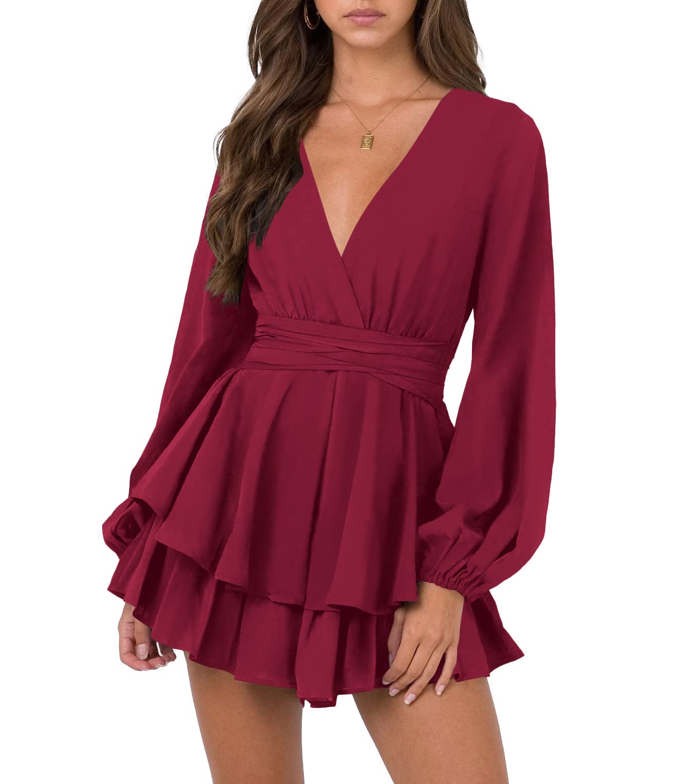 Nova In Sky Womens Sexy V Neck Long Sleeve Tie Waist Ruffle Hem Flowy Swing Mini Short Wrap Dress