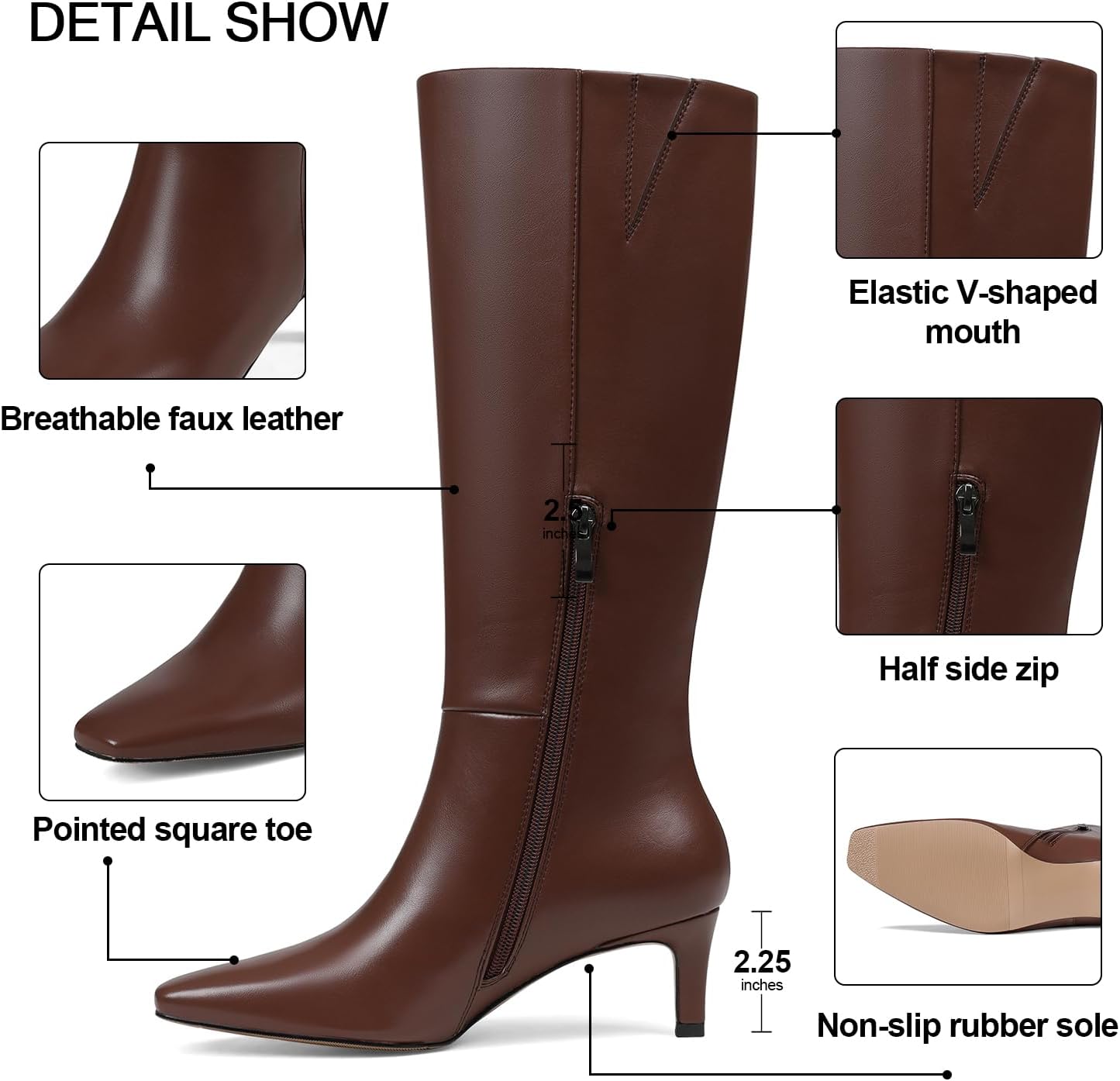 Womens Dark Brown Boots Kitten Heel Square Toe Leather Dresses Comfortable Tall Boot Narrow Calf Side Zipper Low Heel Shoes Wedding Size 7 - Image 4
