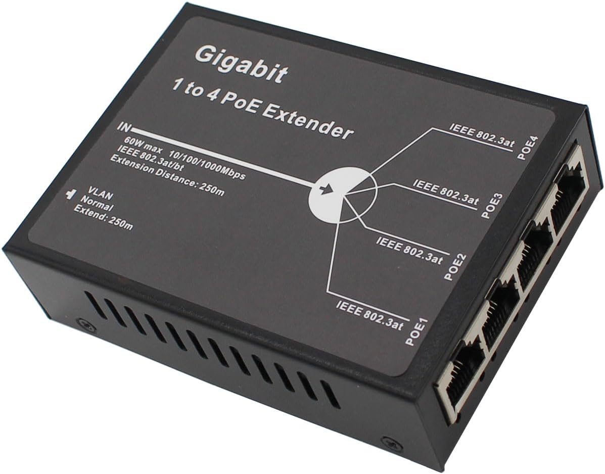 Gigabit POE Extender 4 Port, 4 Channel PoE Repeater, RJ45 4-Port POE ...
