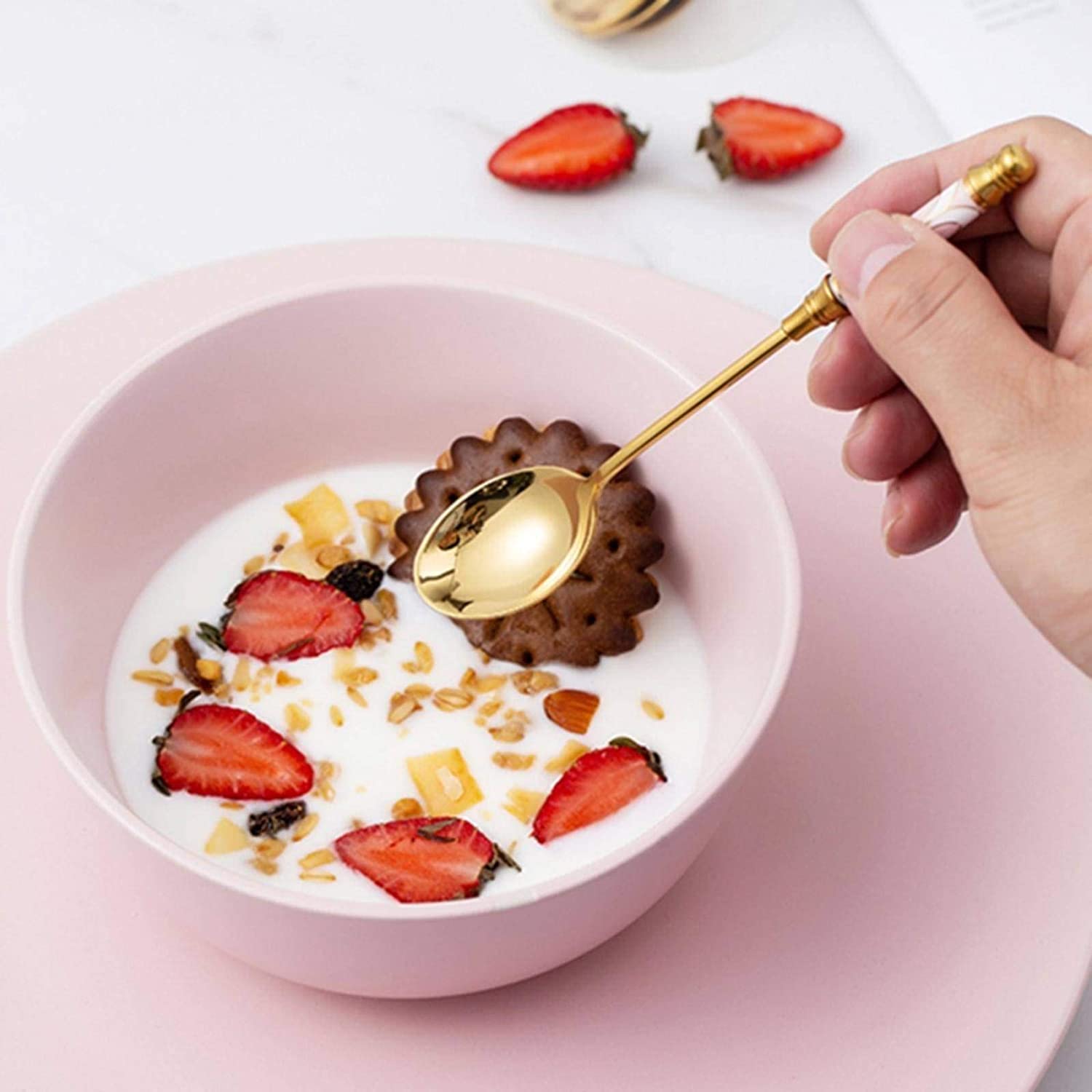 Kleine Löffel, Edelstahl-Kaffee-Milchlöffel mit keramisch langem Griff Löffelküche Dessert Löffel vergoldet Dessert Löffel Mokkalöffel(Big Spoon G)