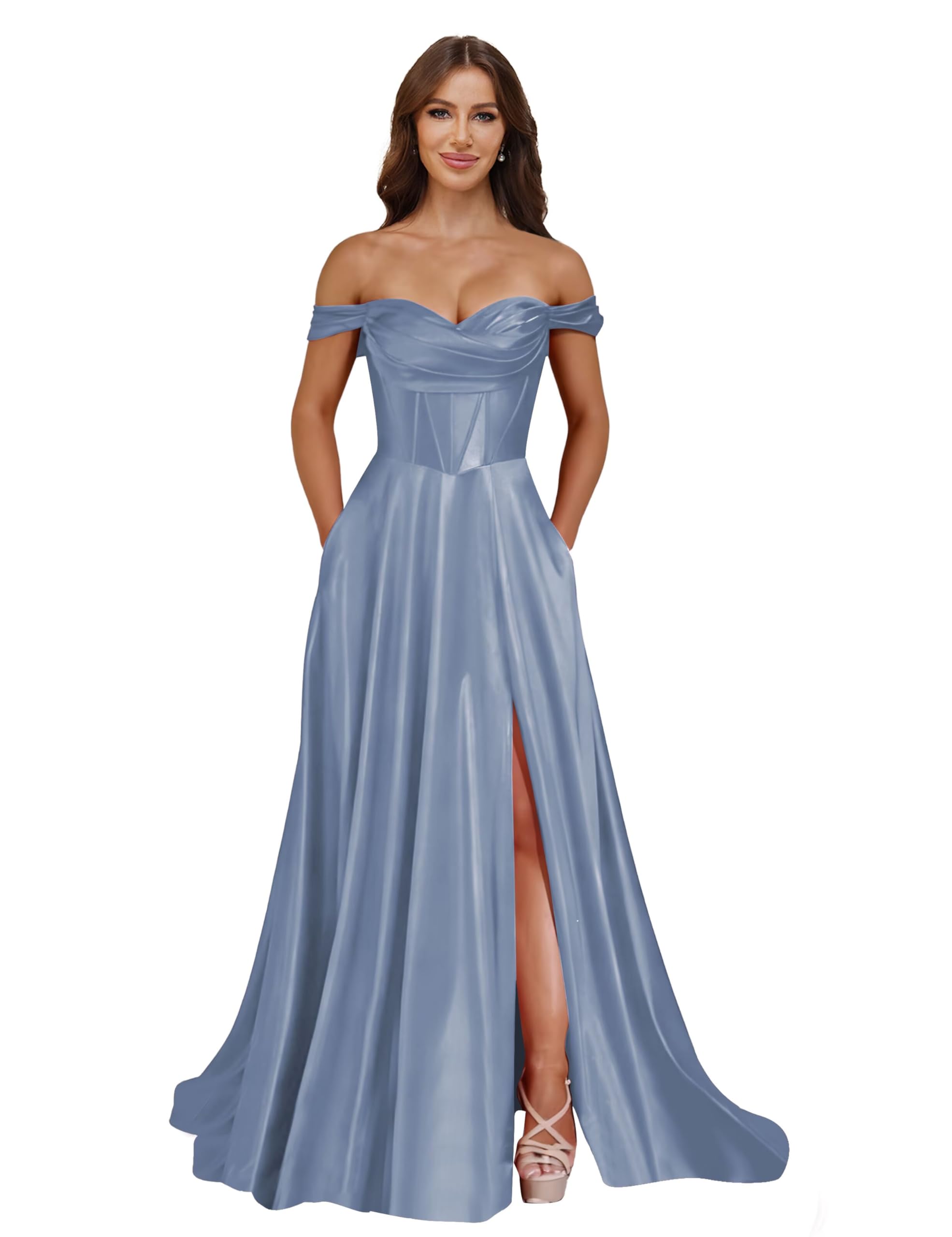 Off The Shoulder Satin Bridesmaid Dress Long A Line Corset Prom Dress for Women Formal Gown