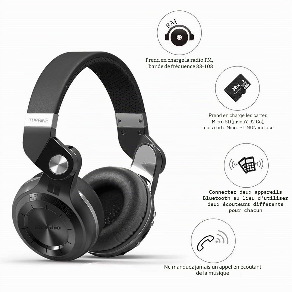 Bluedio Casque Bluetooth sans fil pliable avec fente pour carte micro SD, radio FM, Amazon Web Services, microphone pour téléphone portable/téléviseur/PC (noir)