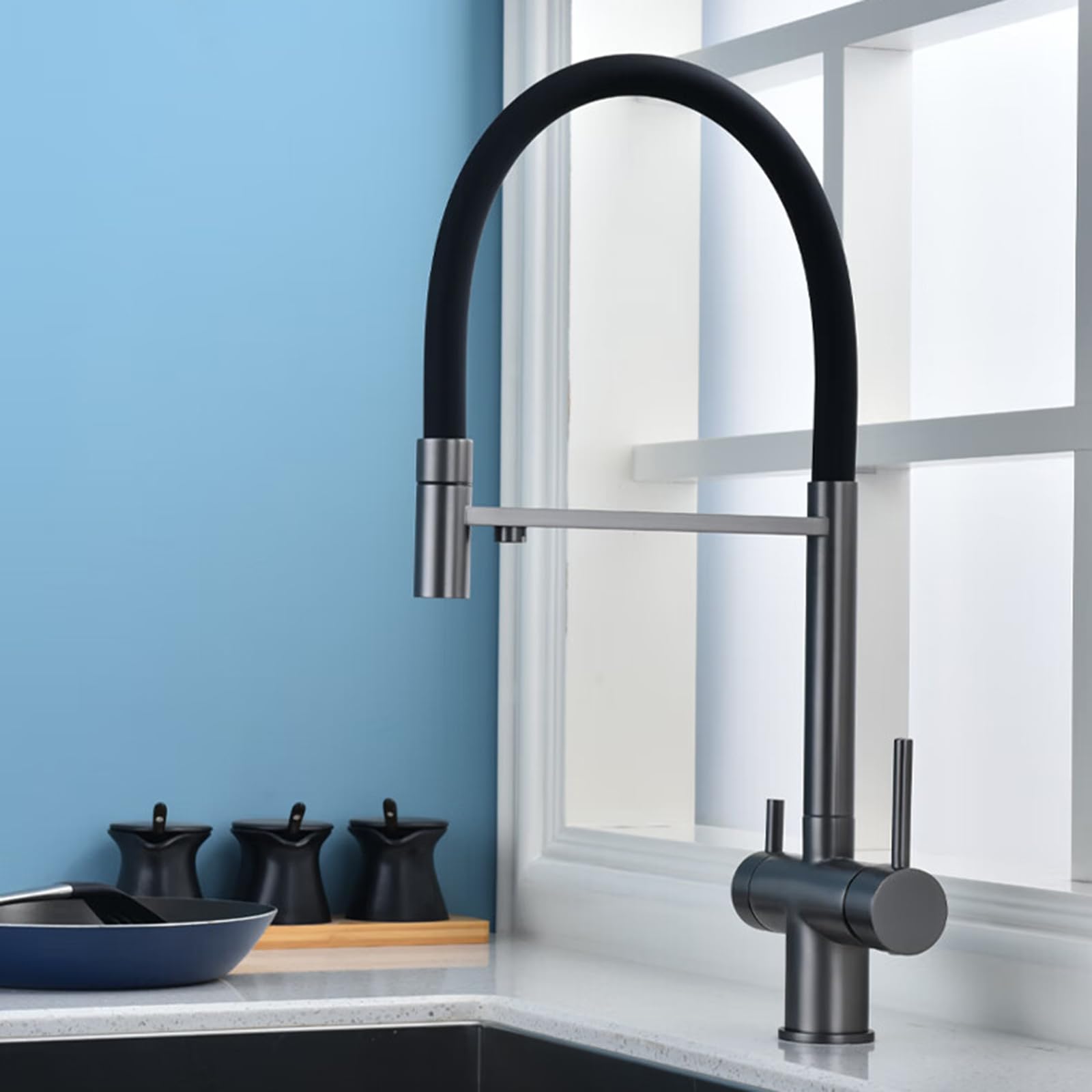 Grifo de Cocina con Ducha Extraíble Grifo de Agua Potable de 3 Vías Sistema de Ósmosis Caño de Agua Doble de Dos Mandos Grifo de Tres Vías Pistola de Cocina Gris