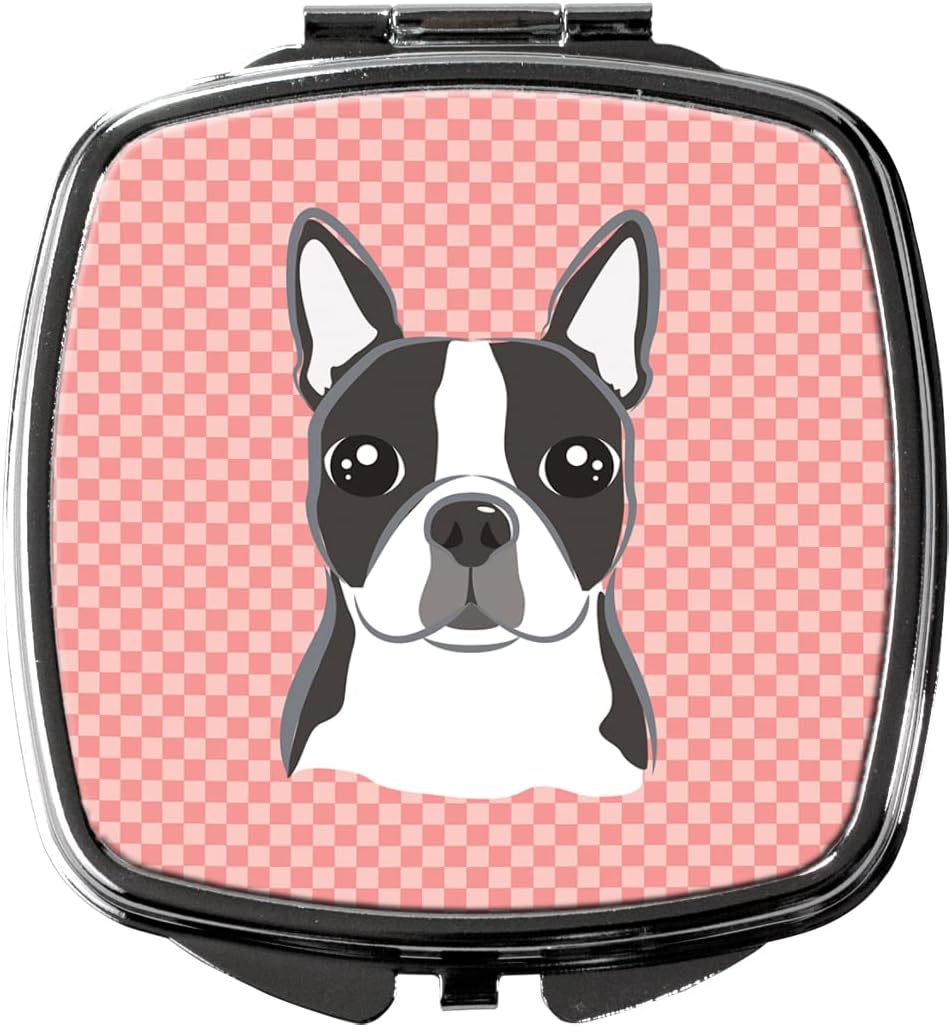 Caroline's Treasures BB1203SCM Checkerboard Pink Boston Terrier Compact Mirror Decorative Travel Makeup Mirror for Women Girls Gifts Pocket Makeup Mirror Folding Handheld