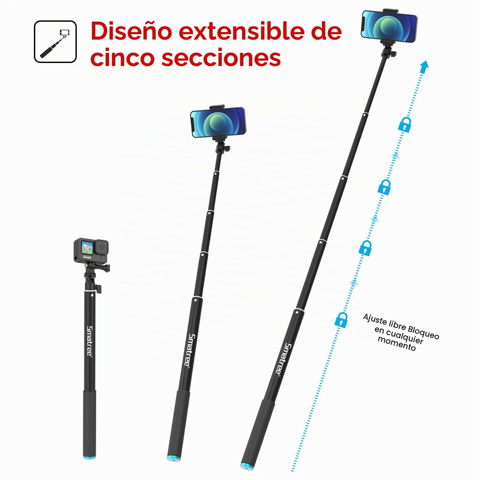 Smatree SmaPole Extensable Selfie Stick, pértiga telescópica para GoPro Fusion, GoPro Hero 13/12/11/10/9/8/7/6/5/4/3/2/1/Session y dji Osmo Action 3/2(Versión extendida 43-221cm)