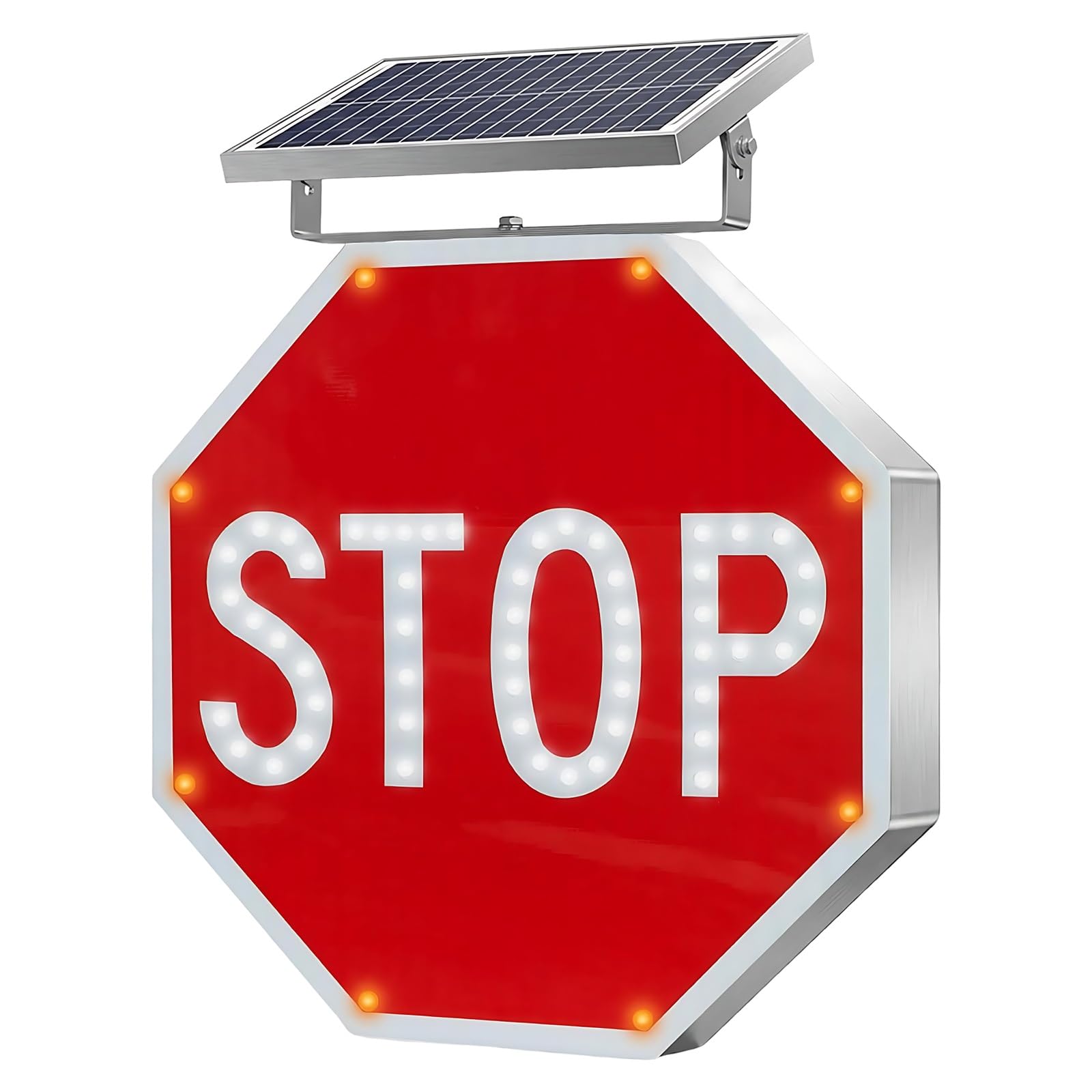 Cartel Octogonal de Tráfico Solar LED, Señal de Stop Intermitente, Alta Visibilidad 500 m, IP65 Impermeable, para Colegios, Zonas de Obras y Pasos Escolares(24")