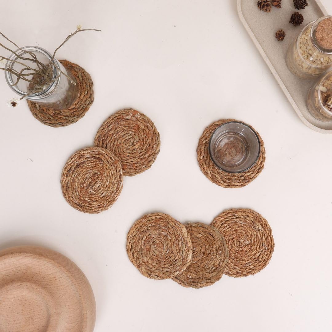 DENOVA Natural Seagrass Coasters Handwoven Round Coasters for Table Protection, Rustic Eco-Friendly Coaster Set for Home, Kitchen, Coffee Table & Dining Pack of 4 4