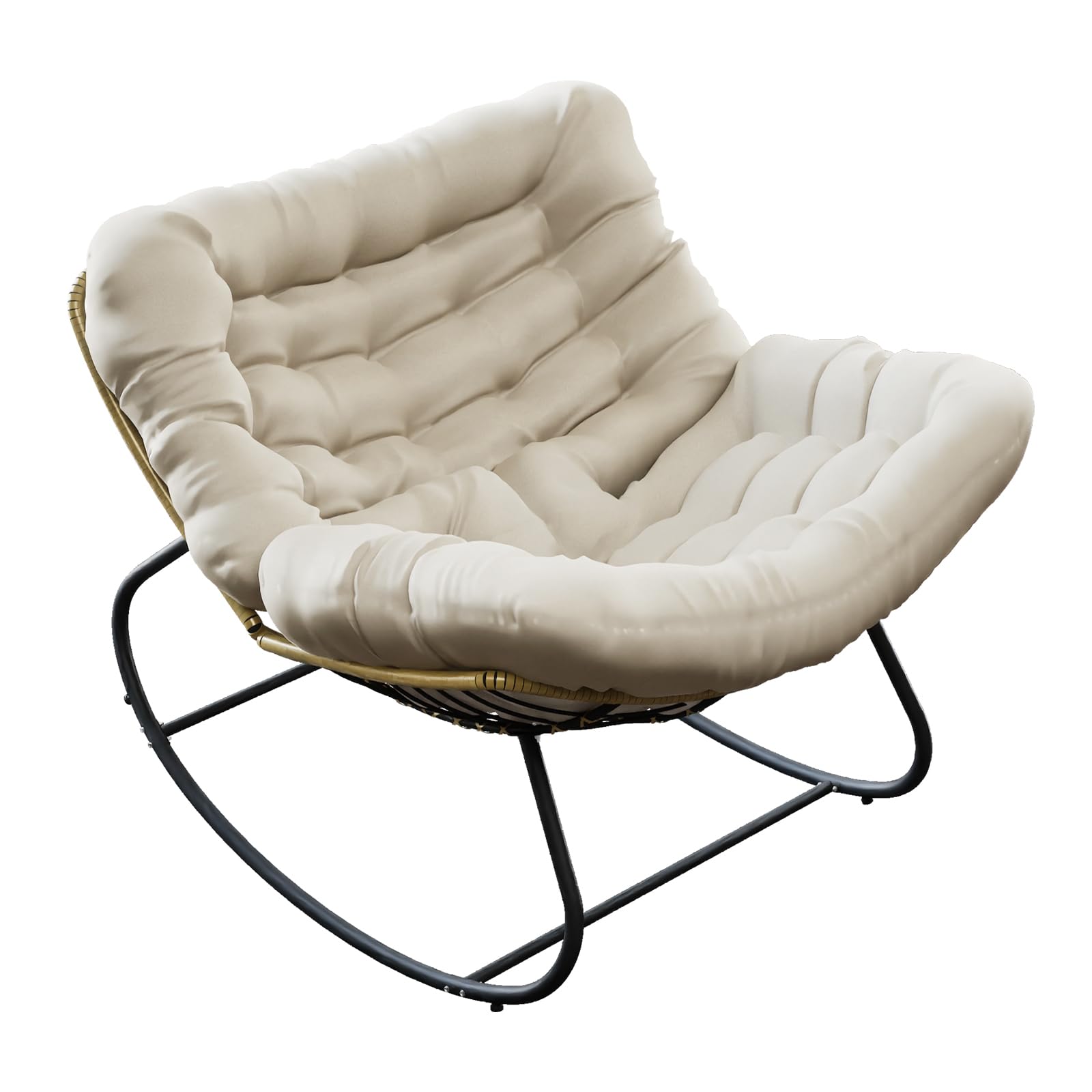Mecedora, Sillón Mecedor Ergonómico Extra Grande, Mecedora de Ratán, Silla Relax con Cojín Extra Grueso, Ideal para Balcón, Jardín y Salón, Capacidad de Carga Hasta 140kg (Beige)
