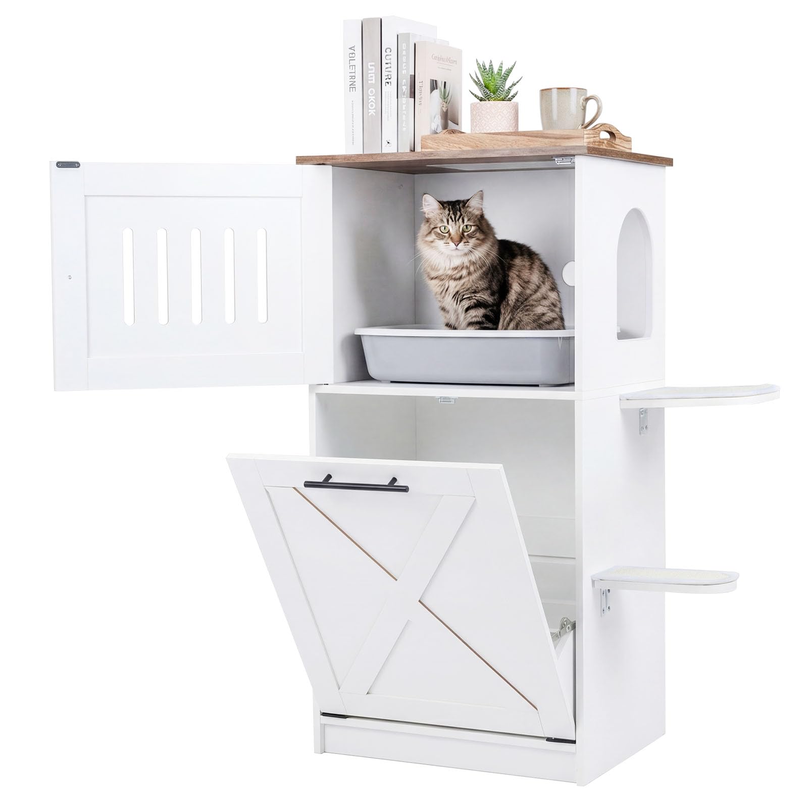 GOPLUS Armario para Gatos, Casa de Arenero para Mascotas con 2 Plataformas con Almohadillas Rascadoras, Gabinete con Puerta Abatible, Kit Antivuelco, Mueble Arenero Gatos Moderno