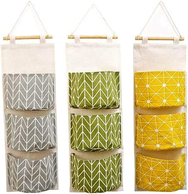 KAHEIGN 3Pcs Wall Hanging Storage Bag, 60 x 20cm Stackable 3-Layer Hanging Bag - Waterproof Linen Fabric Hanging Wide Pocket Organizer for Bedroom Bathroom Kitchen Office Wardrobe Clothes Rail